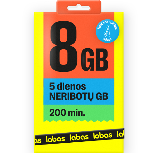 LABAS pakuotė 8 GB + 5 d. NERIBOTŲ GB + 200 MIN