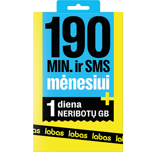 LABAS pakuotė 190 MIN + 190 SMS + NERIBOTI GB 1 dienai