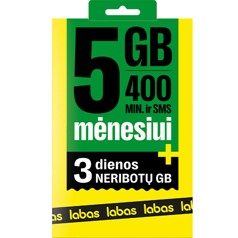 LABAS pakuotė 5 GB + 400 MIN + 400 SMS + 3 DIENOS NERIBOTŲ GB